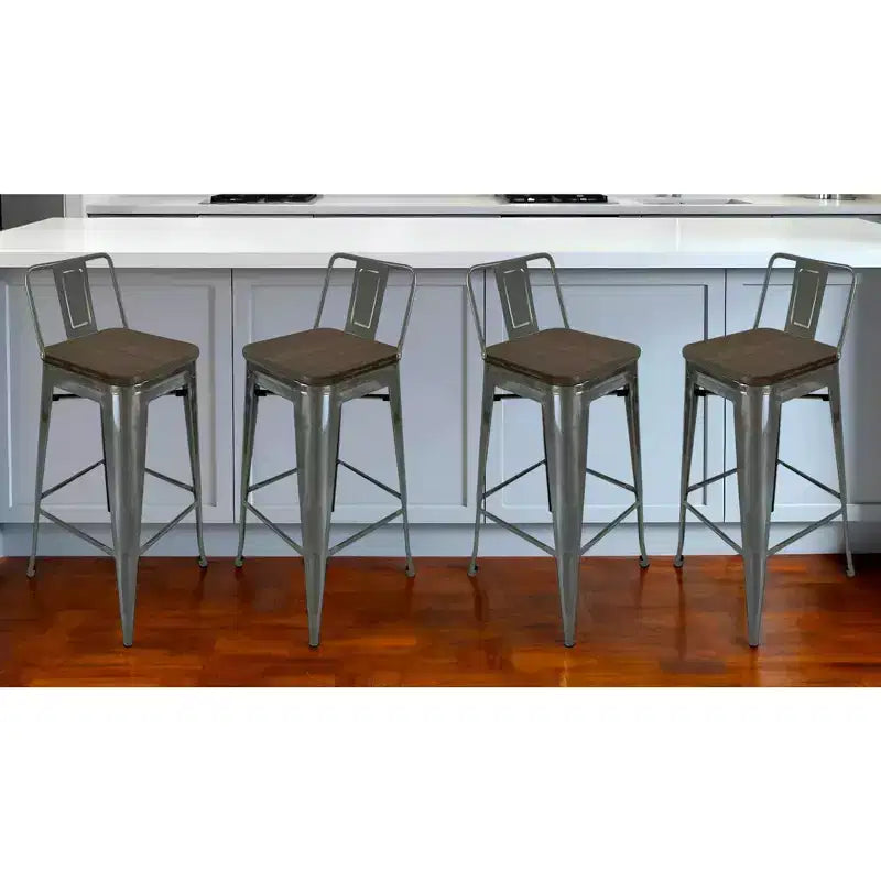 HomeRoots Ensemble de quatre tabourets de bar à dossier bas de 76 cm en bois massif marron et gris et métal