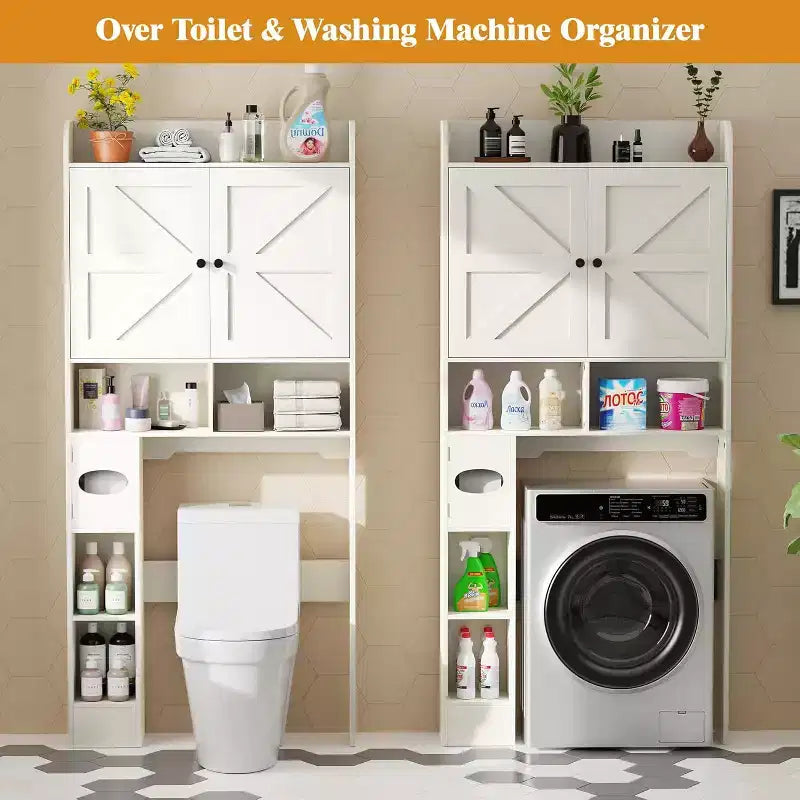 Armoire de rangement de salle de bain sur toilettes avec portes de grange, 70", meuble haut de salle de bain avec porte-papier toilette, pour toilettes, buanderie, blanc