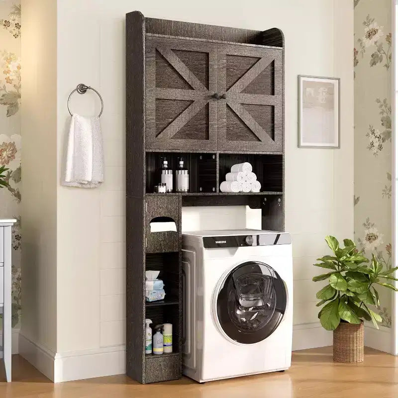 Armoire de rangement de salle de bain sur toilettes avec portes de grange, 70", meuble haut de salle de bain avec porte-papier toilette, pour toilettes, buanderie, blanc
