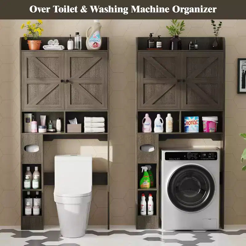Armoire de rangement de salle de bain sur toilettes avec portes de grange, 70", meuble haut de salle de bain avec porte-papier toilette, pour toilettes, buanderie, blanc