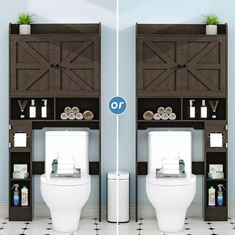 Armoire de rangement de salle de bain sur toilettes avec portes de grange, 70", meuble haut de salle de bain avec porte-papier toilette, pour toilettes, buanderie, blanc