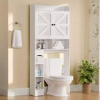 Armoire de rangement de salle de bain sur toilettes avec portes de grange, 70", meuble haut de salle de bain avec porte-papier toilette, pour toilettes, buanderie, blanc