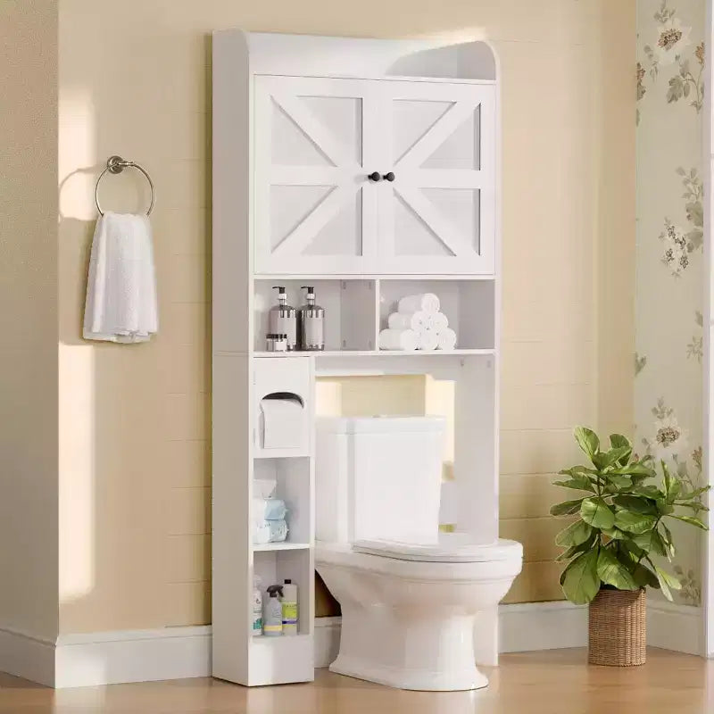 Armoire de rangement de salle de bain sur toilettes avec portes de grange, 70", meuble haut de salle de bain avec porte-papier toilette, pour toilettes, buanderie, blanc