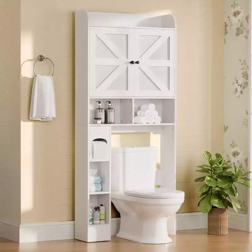 Armoire de rangement de salle de bain sur toilettes avec portes de grange, 70", meuble haut de salle de bain avec porte-papier toilette, pour toilettes, buanderie, blanc