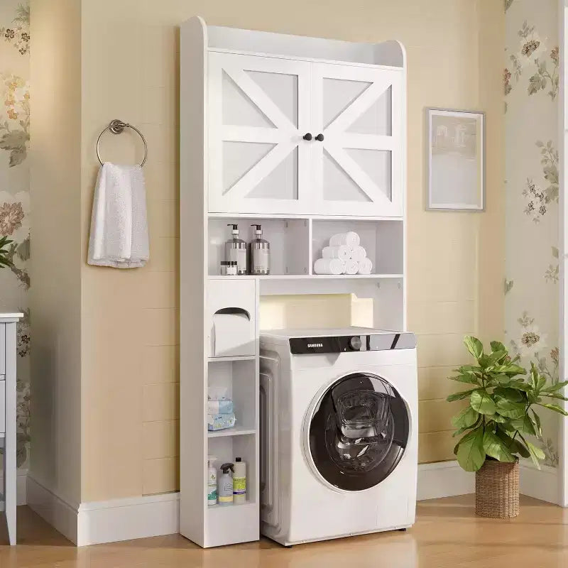 Armoire de rangement de salle de bain sur toilettes avec portes de grange, 70", meuble haut de salle de bain avec porte-papier toilette, pour toilettes, buanderie, blanc