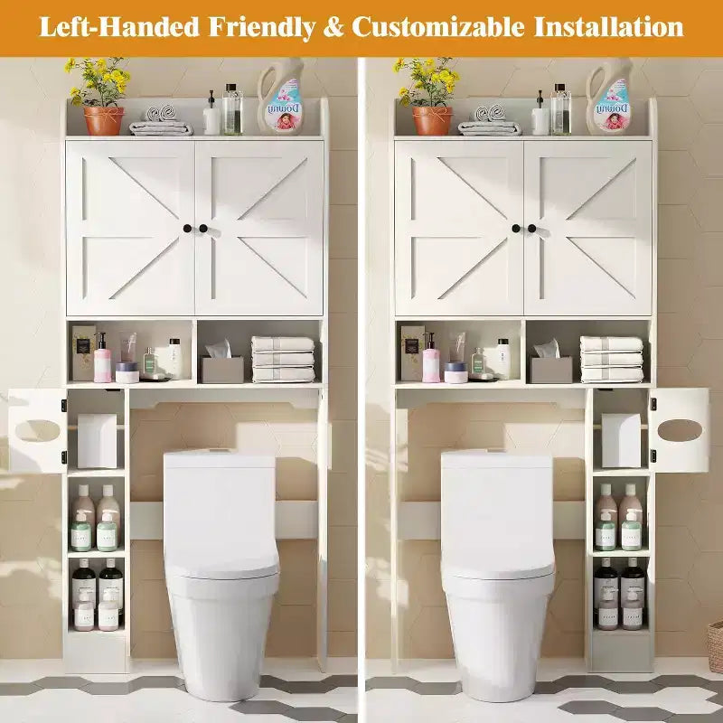 Armoire de rangement de salle de bain sur toilettes avec portes de grange, 70", meuble haut de salle de bain avec porte-papier toilette, pour toilettes, buanderie, blanc