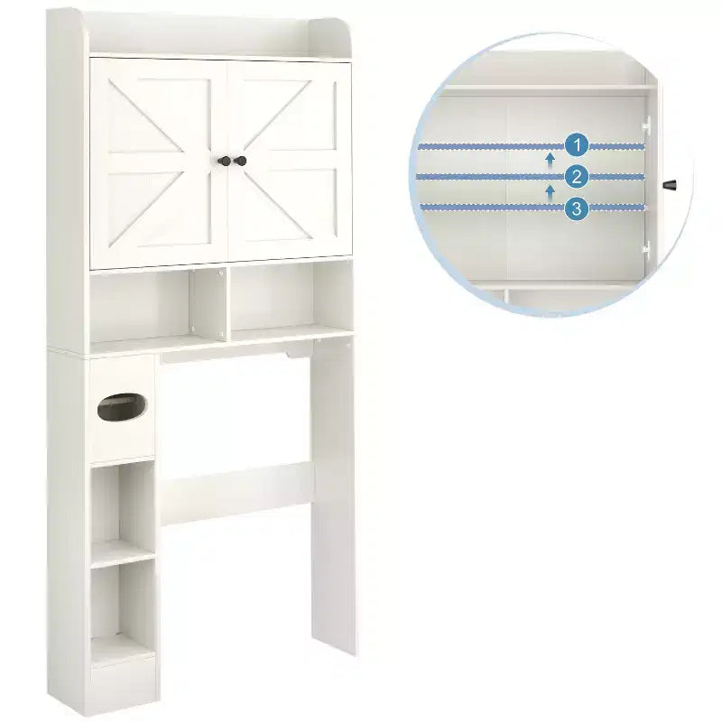 Armoire de rangement de salle de bain sur toilettes avec portes de grange, 70", meuble haut de salle de bain avec porte-papier toilette, pour toilettes, buanderie, blanc