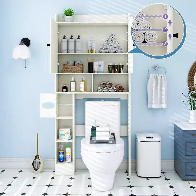 Armoire de rangement de salle de bain sur toilettes avec portes de grange, 70", meuble haut de salle de bain avec porte-papier toilette, pour toilettes, buanderie, blanc
