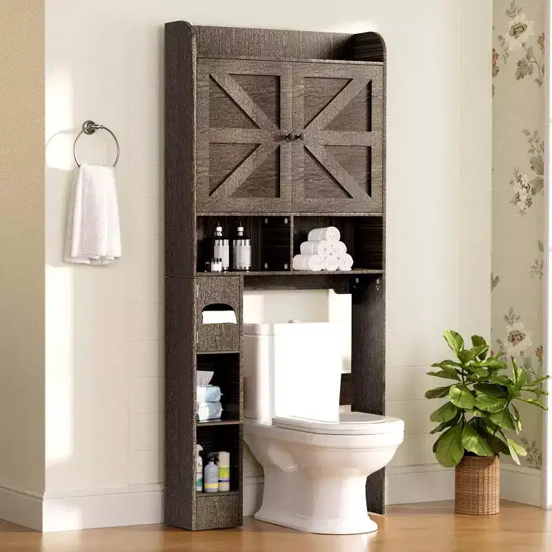 Armoire de rangement de salle de bain sur toilettes avec portes de grange, 70", meuble haut de salle de bain avec porte-papier toilette, pour toilettes, buanderie, blanc