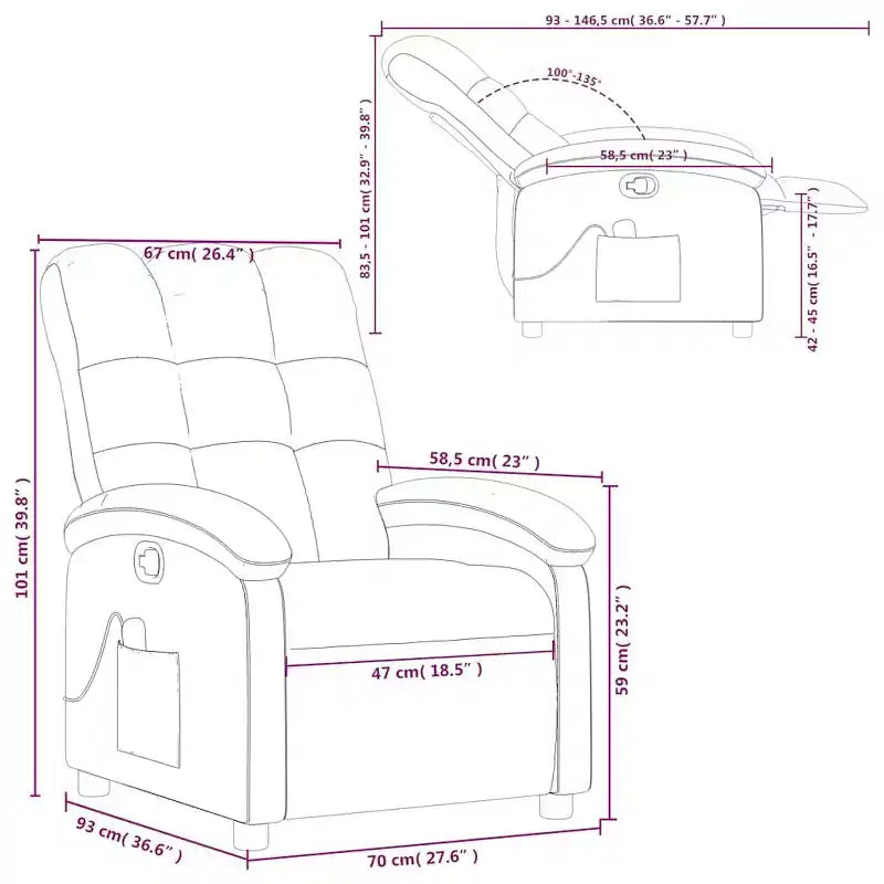 vidaXL Fauteuil inclinable de massage en tissu bordeaux - Inclinaison manuelle, Vibration, Confort rembourré, Poche latérale, Cadre durable