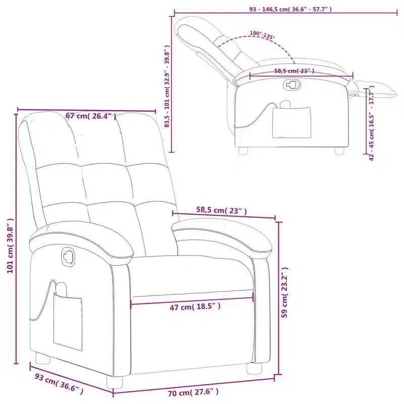 vidaXL Fauteuil inclinable de massage en tissu bordeaux - Inclinaison manuelle, Vibration, Confort rembourré, Poche latérale, Cadre durable