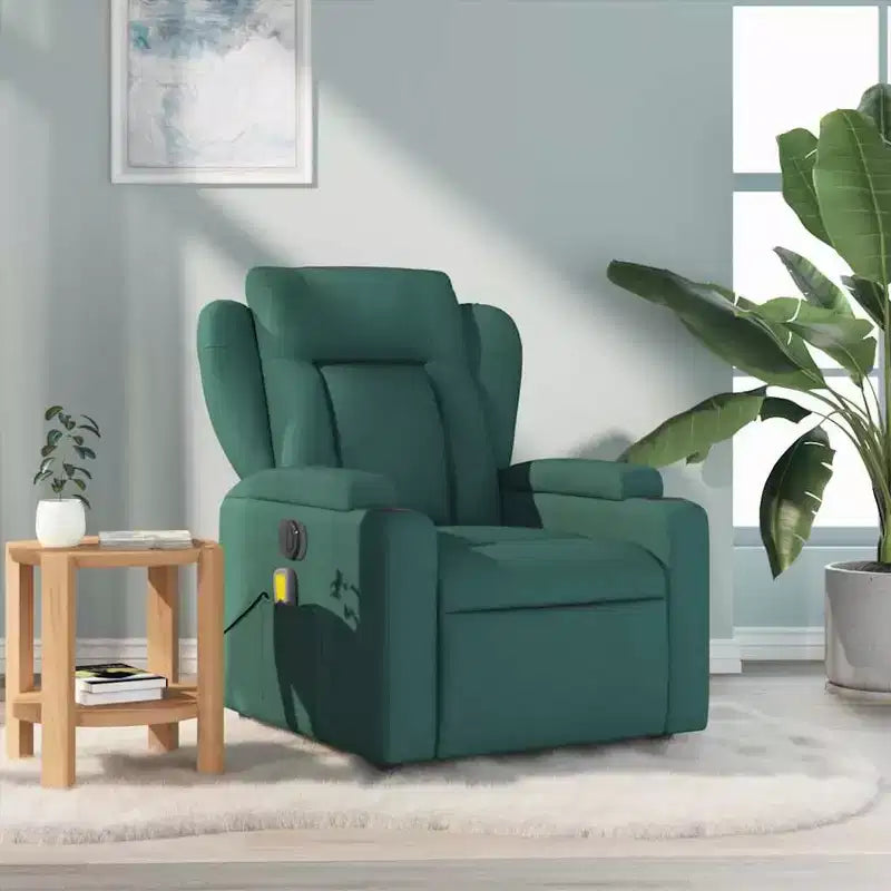 VidaXL Fauteuil de massage inclinable en tissu vert foncé - Inclinaison manuelle, Vibration USB, Porte-gobelets, Poche latérale, Confort rembourré