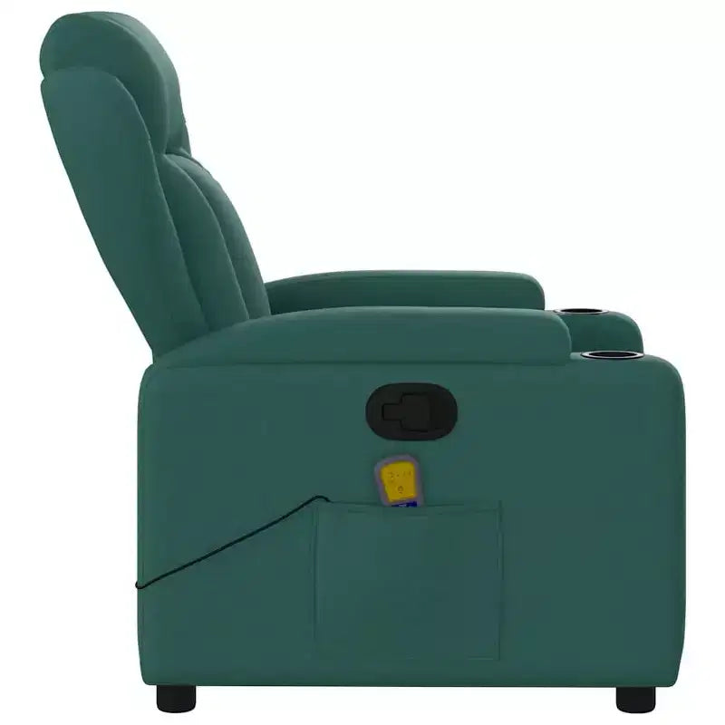 VidaXL Fauteuil de massage inclinable en tissu vert foncé - Inclinaison manuelle, Vibration USB, Porte-gobelets, Poche latérale, Confort rembourré