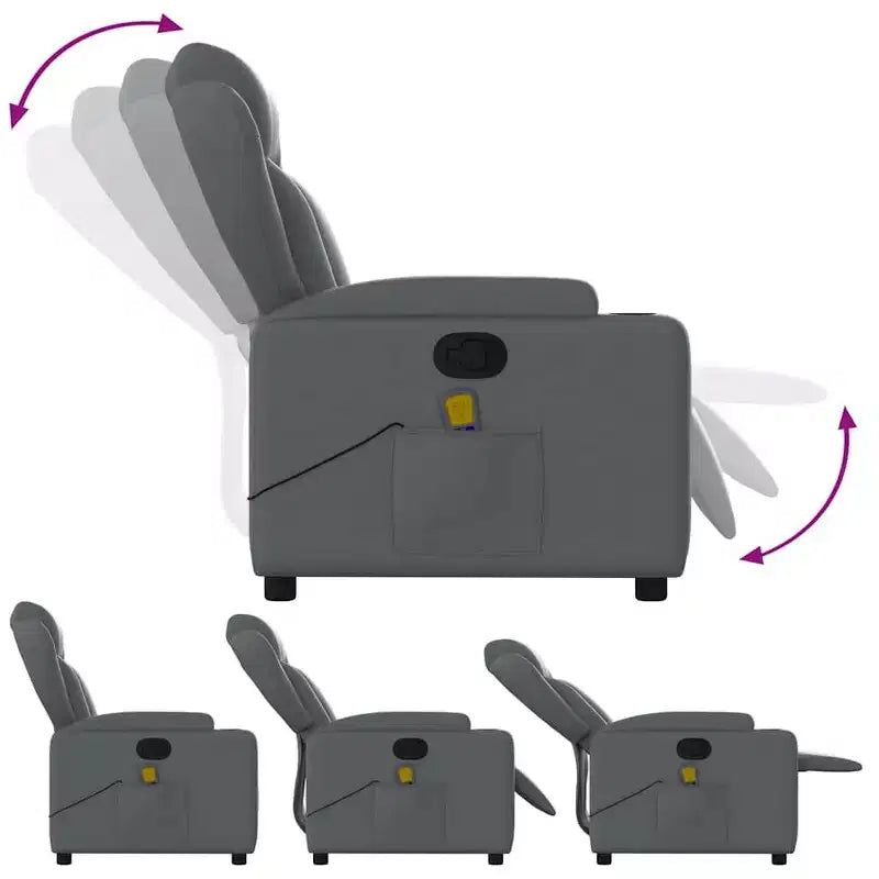 vidaXL Fauteuil inclinable de massage gris en similicuir avec inclinaison manuelle, porte-gobelets, vibration USB et assise rembourrée