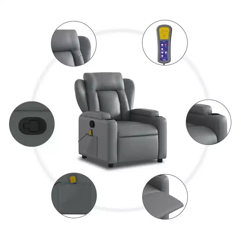 vidaXL Fauteuil inclinable de massage gris en similicuir avec inclinaison manuelle, porte-gobelets, vibration USB et assise rembourrée