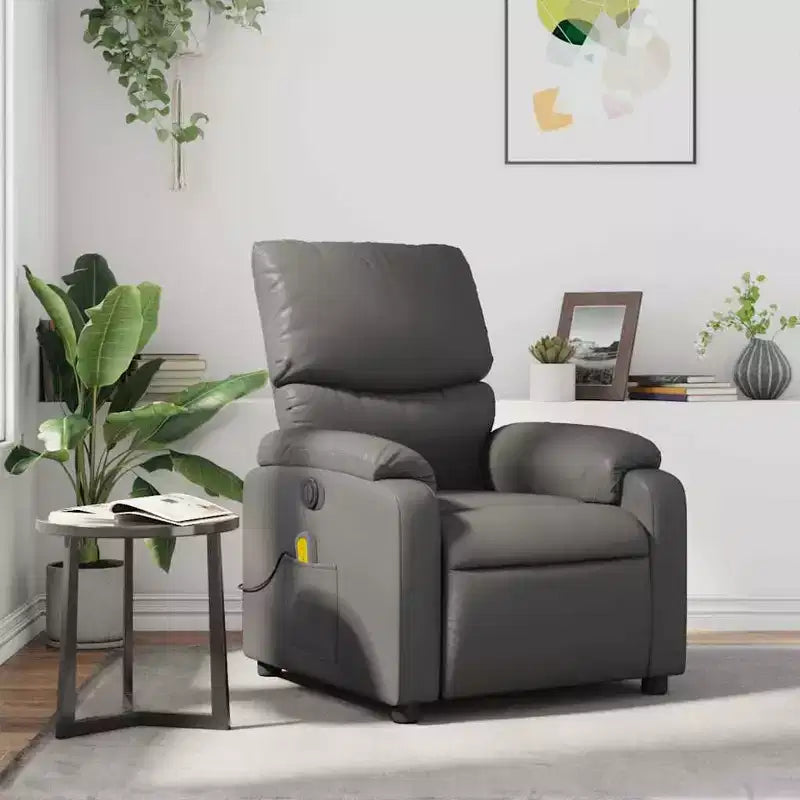 vidaXL Fauteuil inclinable de massage en cuir pour salon, cinéma maison, massage par vibrations à 6 points, dossier et repose-pieds réglables, poche latérale, gris