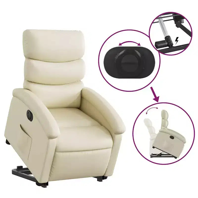 vidaXL Fauteuil inclinable/relevable électrique en similicuir crème - Fauteuil motorisé avec fonction de relevage/inclinaison électrique, poche latérale, cadre stable pour personnes âgées
