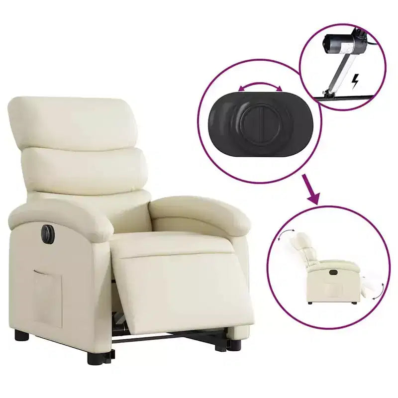 vidaXL Fauteuil inclinable/relevable électrique en similicuir crème - Fauteuil motorisé avec fonction de relevage/inclinaison électrique, poche latérale, cadre stable pour personnes âgées