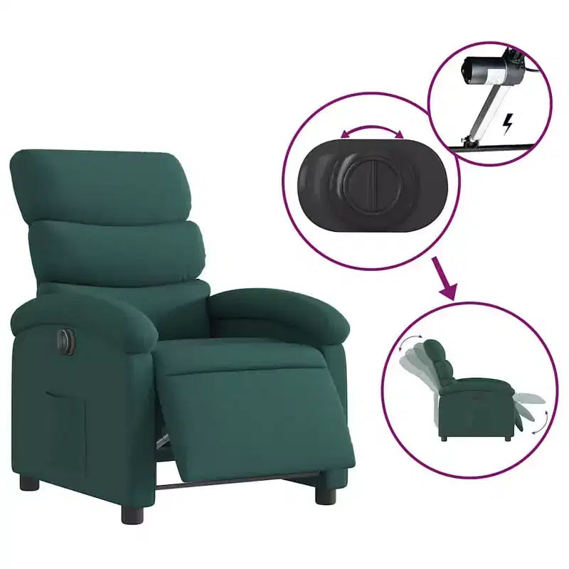 vidaXL Fauteuil inclinable électrique pour personnes âgées - Fauteuil réglable en tissu, vert foncé, avec inclinaison motorisée, rembourrage confortable, pochette latérale
