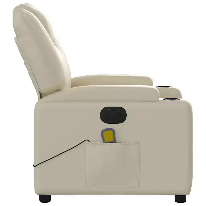 vidaXL Fauteuil inclinable de massage électrique - Fauteuil de salon réglable en similicuir crème avec porte-gobelets pour salon/bureau