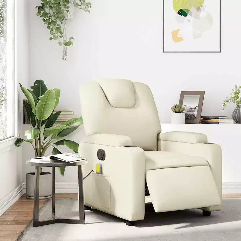 vidaXL Fauteuil inclinable de massage électrique - Fauteuil de salon réglable en similicuir crème avec porte-gobelets pour salon/bureau