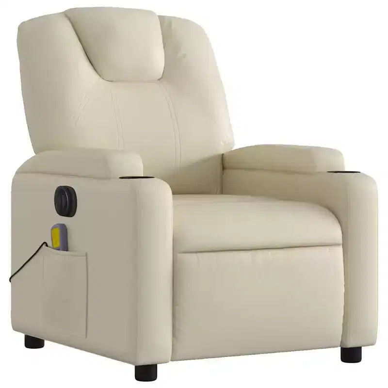 vidaXL Fauteuil inclinable de massage électrique - Fauteuil de salon réglable en similicuir crème avec porte-gobelets pour salon/bureau