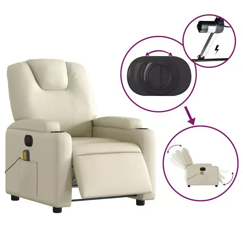 vidaXL Fauteuil inclinable de massage électrique - Fauteuil de salon réglable en similicuir crème avec porte-gobelets pour salon/bureau