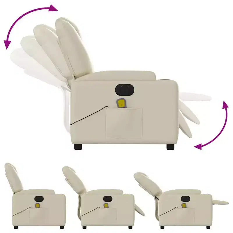 vidaXL Fauteuil inclinable de massage électrique - Fauteuil de salon réglable en similicuir crème avec porte-gobelets pour salon/bureau