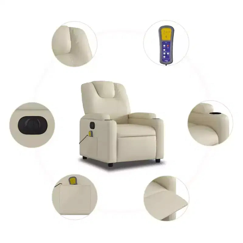 vidaXL Fauteuil inclinable de massage électrique - Fauteuil de salon réglable en similicuir crème avec porte-gobelets pour salon/bureau