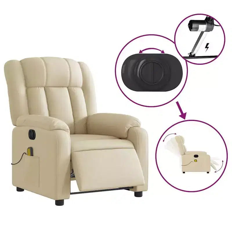 vidaXL Fauteuil de massage électrique inclinable en tissu crème - Dossier et repose-pieds réglables automatiquement, massage par vibrations, rembourrage confortable