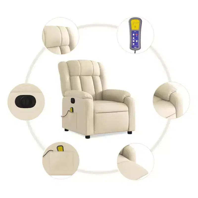 vidaXL Fauteuil de massage électrique inclinable en tissu crème - Dossier et repose-pieds réglables automatiquement, massage par vibrations, rembourrage confortable