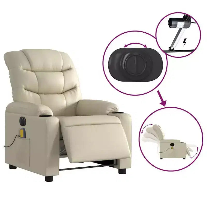 vidaXL Fauteuil inclinable de massage électrique en similicuir crème