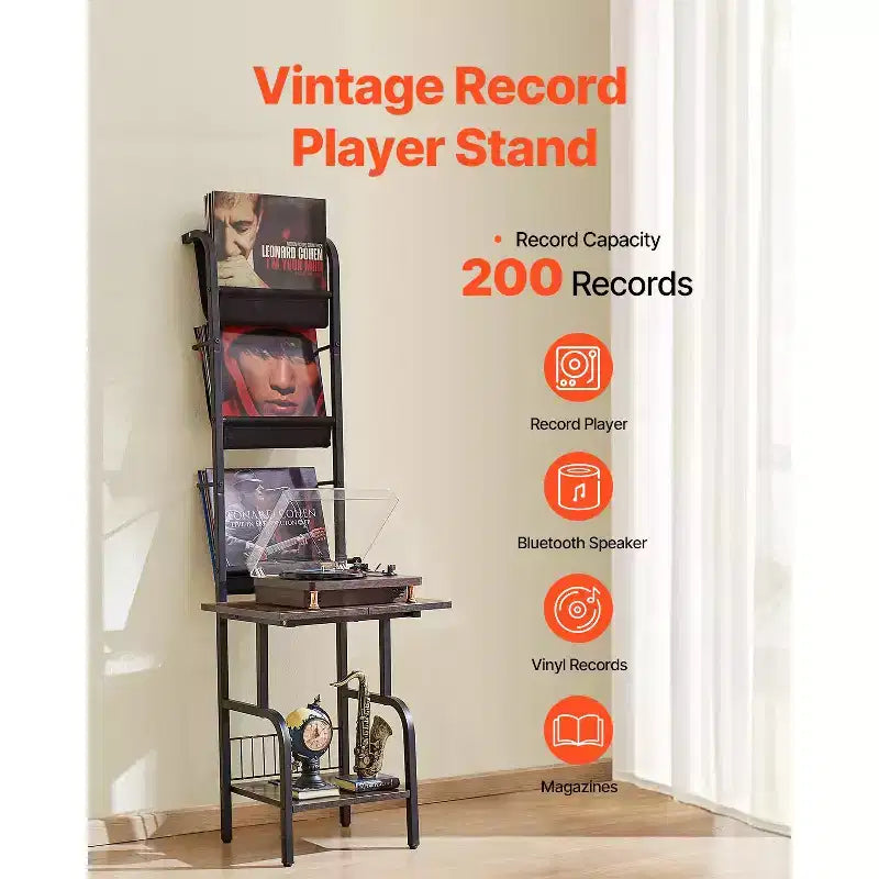 Meuble de rangement pour tourne-disque VEVOR, meuble haut 5 niveaux pour disques vinyles avec station de chargement et ports USB, peut contenir jusqu'à 200 albums, support pour tourne-disque, noir