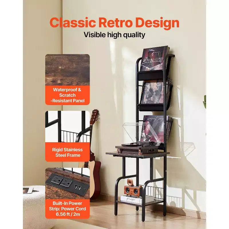 Meuble de rangement pour tourne-disque VEVOR, meuble haut 5 niveaux pour disques vinyles avec station de chargement et ports USB, peut contenir jusqu'à 200 albums, support pour tourne-disque, noir