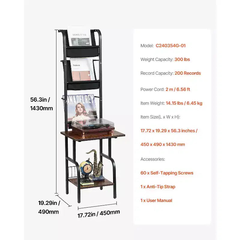 Meuble de rangement pour tourne-disque VEVOR, meuble haut 5 niveaux pour disques vinyles avec station de chargement et ports USB, peut contenir jusqu'à 200 albums, support pour tourne-disque, noir