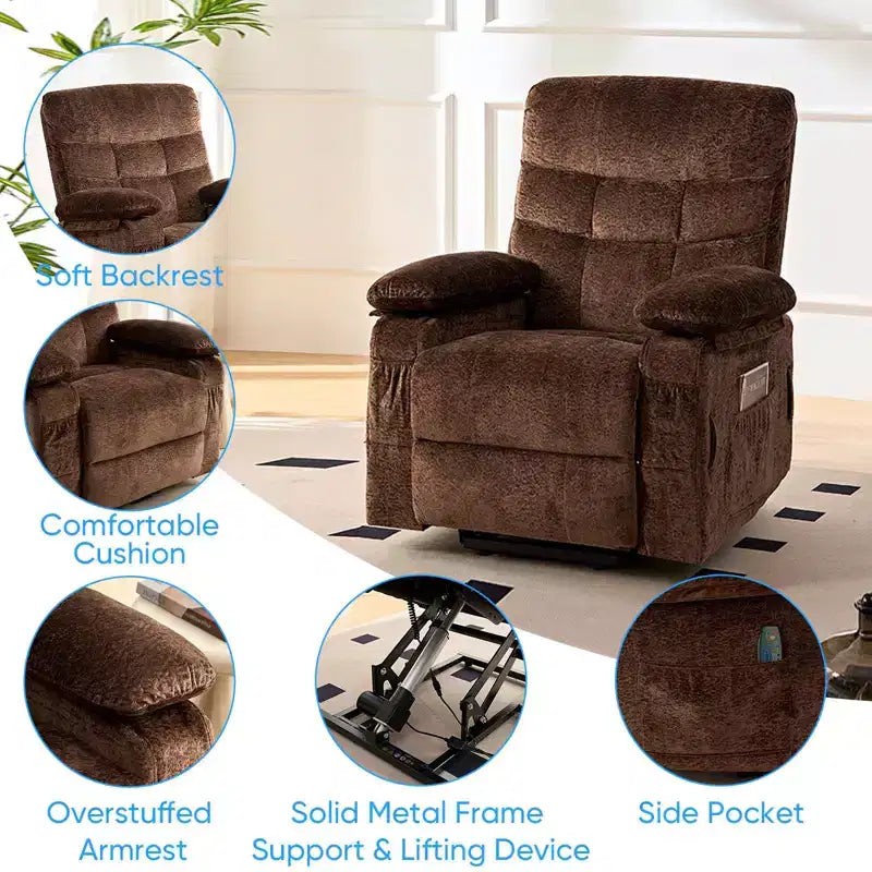 Fauteuil inclinable électrique en velours grande taille Mjkone avec chauffage lombaire et massage vibrant à 8 points, fauteuil pour personnes âgées