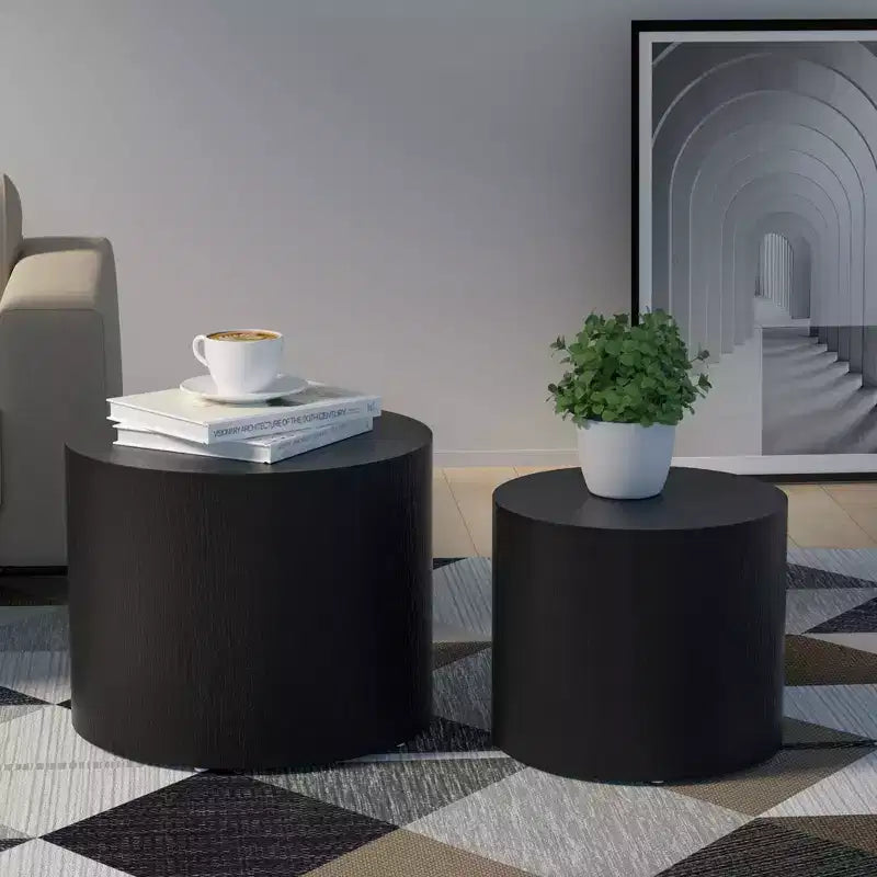 Okak Table Basse Gigogne Moderne, Lot de 2 Tables d'Appoint Cylindriques Effet Bois pour Salon, Bureau, Balcon, Jardin