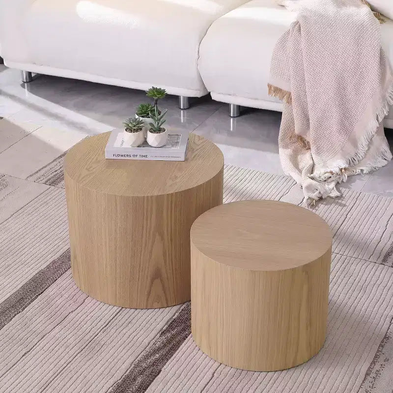 Okak Table Basse Gigogne Moderne, Lot de 2 Tables d'Appoint Cylindriques Effet Bois pour Salon, Bureau, Balcon, Jardin
