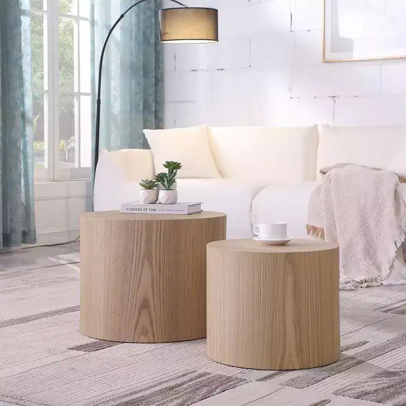 Okak Table Basse Gigogne Moderne, Lot de 2 Tables d'Appoint Cylindriques Effet Bois pour Salon, Bureau, Balcon, Jardin