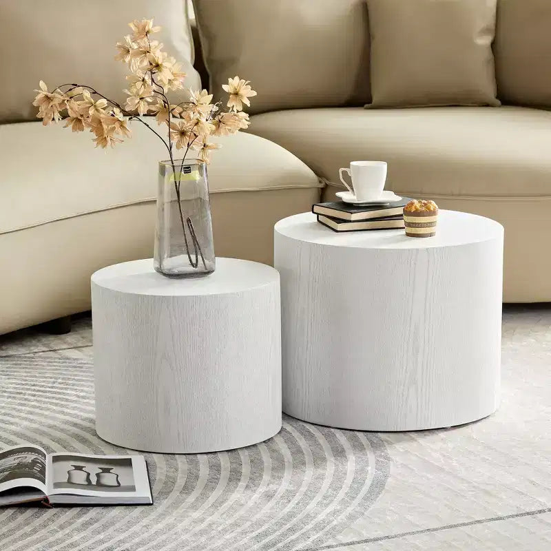 Okak Table Basse Gigogne Moderne, Lot de 2 Tables d'Appoint Cylindriques Effet Bois pour Salon, Bureau, Balcon, Jardin