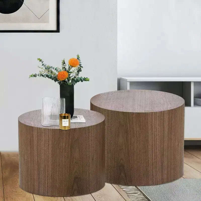 Okak Table Basse Gigogne Moderne, Lot de 2 Tables d'Appoint Cylindriques Effet Bois pour Salon, Bureau, Balcon, Jardin