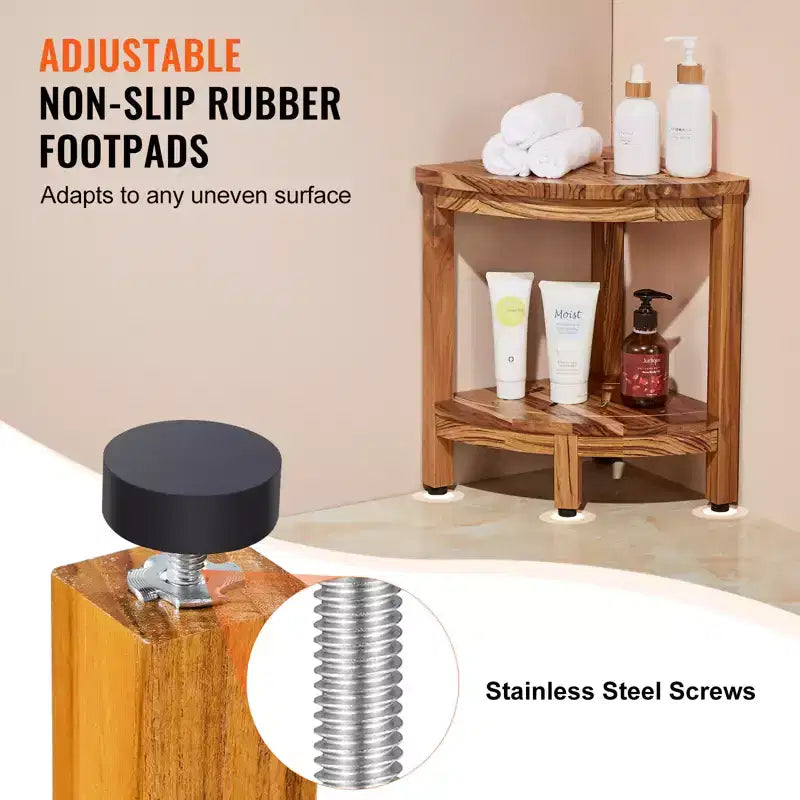 Banc de douche d'angle en teck VEVOR, hauteur 17", rayon 12", banc de douche d'angle 100 % bois de teck, 136 kg avec étagère de rangement, tabouret de douche, marron