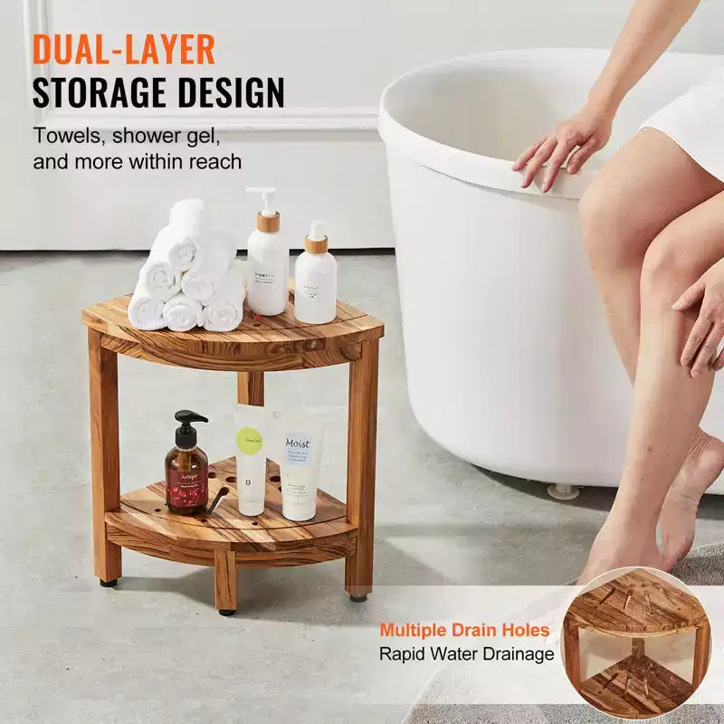 Banc de douche d'angle en teck VEVOR, hauteur 17", rayon 12", banc de douche d'angle 100 % bois de teck, 136 kg avec étagère de rangement, tabouret de douche, marron