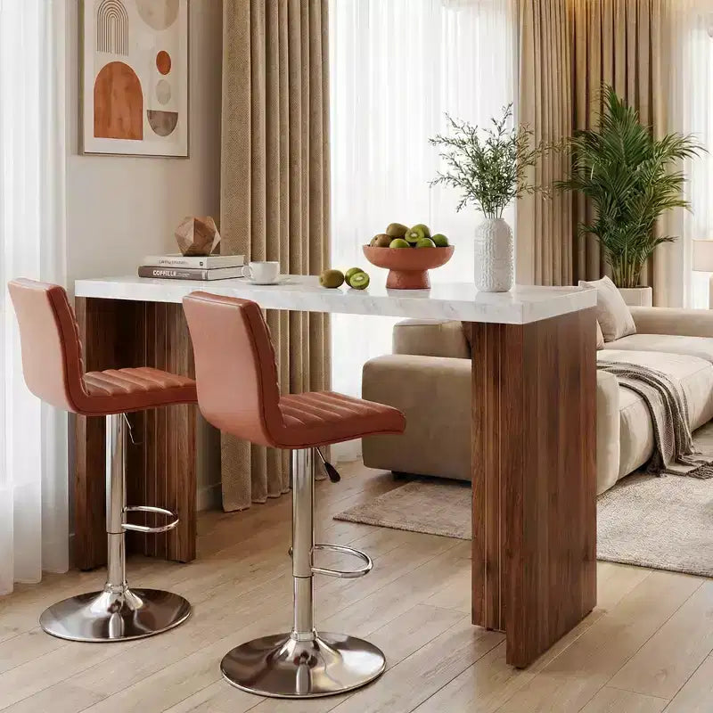 MAYEERTY 55.12 Table de bar minimaliste, Plateau en faux marbre et pieds en noyer foncé, Unité de bar domestique robuste de 36.02 de hauteur