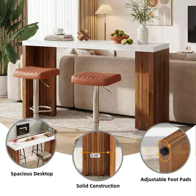 MAYEERTY 55.12 Table de bar minimaliste, Plateau en faux marbre et pieds en noyer foncé, Unité de bar domestique robuste de 36.02 de hauteur