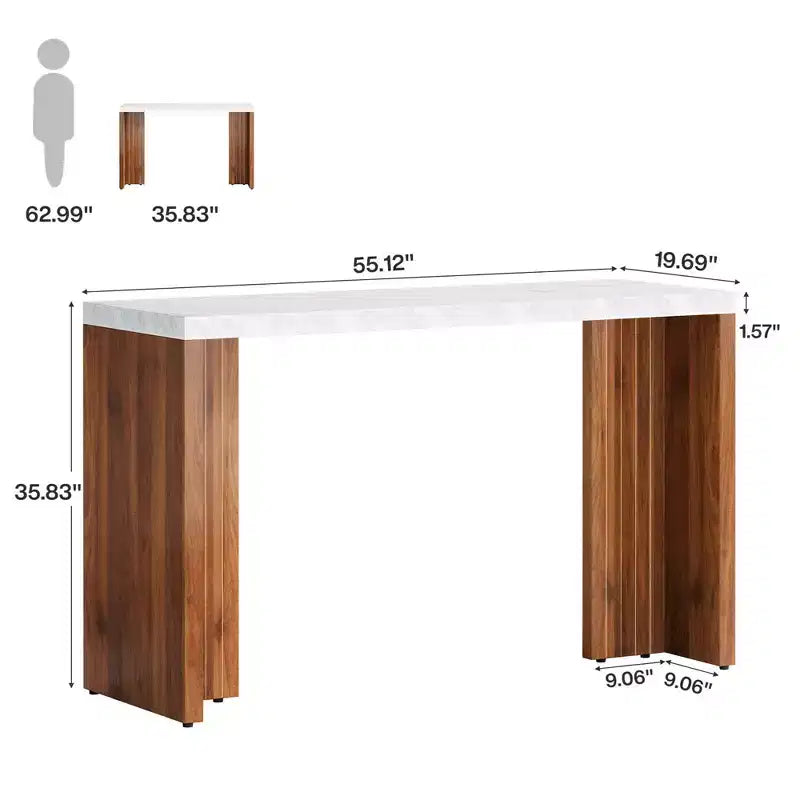 MAYEERTY 55.12 Table de bar minimaliste, Plateau en faux marbre et pieds en noyer foncé, Unité de bar domestique robuste de 36.02 de hauteur