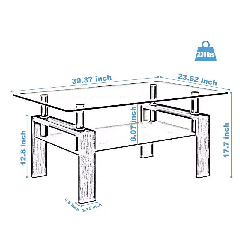 Table basse rectangulaire en verre élégante Okak, tables basses centrales modernes à 2 niveaux, table basse transparente pour le salon