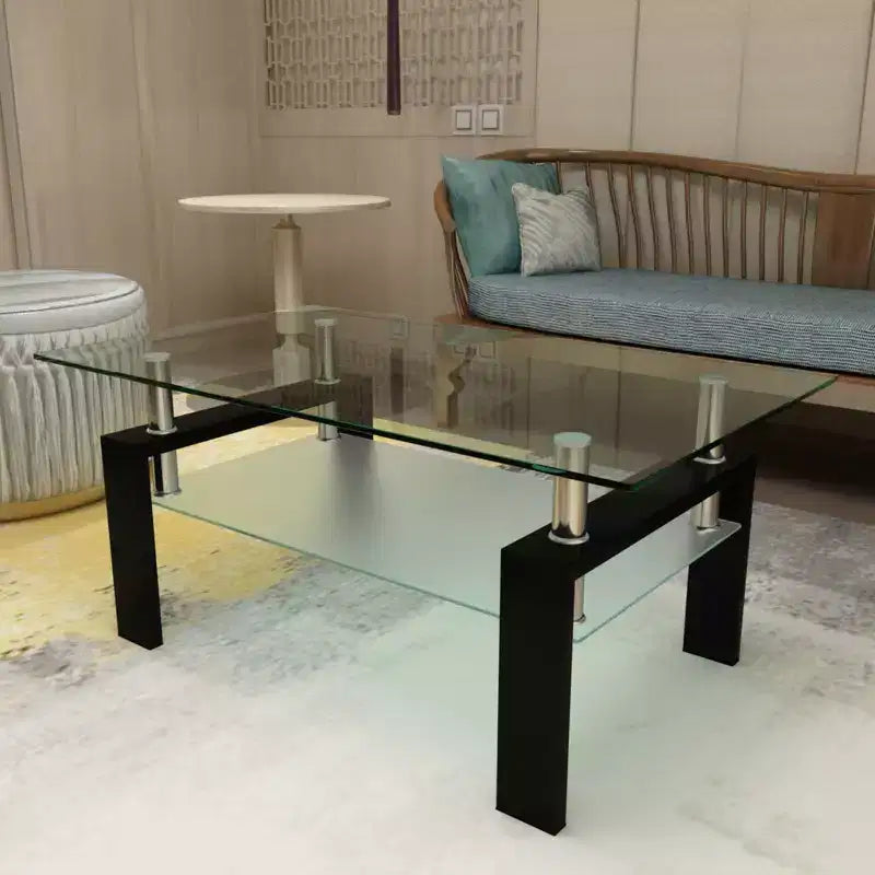 Table basse rectangulaire en verre élégante Okak, tables basses centrales modernes à 2 niveaux, table basse transparente pour le salon
