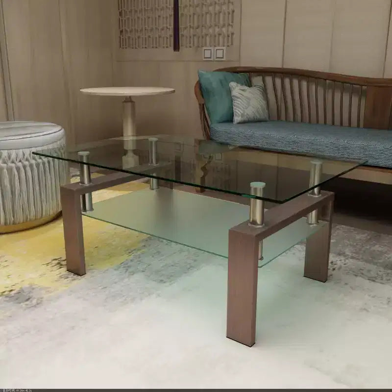 Table basse rectangulaire en verre élégante Okak, tables basses centrales modernes à 2 niveaux, table basse transparente pour le salon