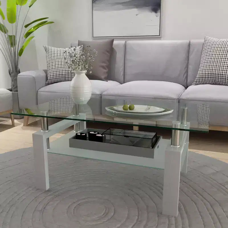 Table basse rectangulaire en verre élégante Okak, tables basses centrales modernes à 2 niveaux, table basse transparente pour le salon